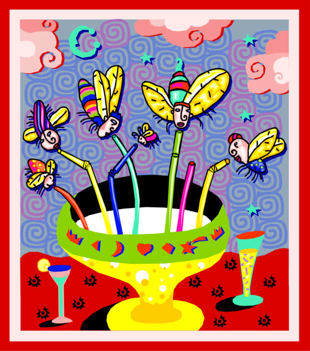 Vector Illustration of Flying Insect Bugs Drinking From Punch Bowl with Straws