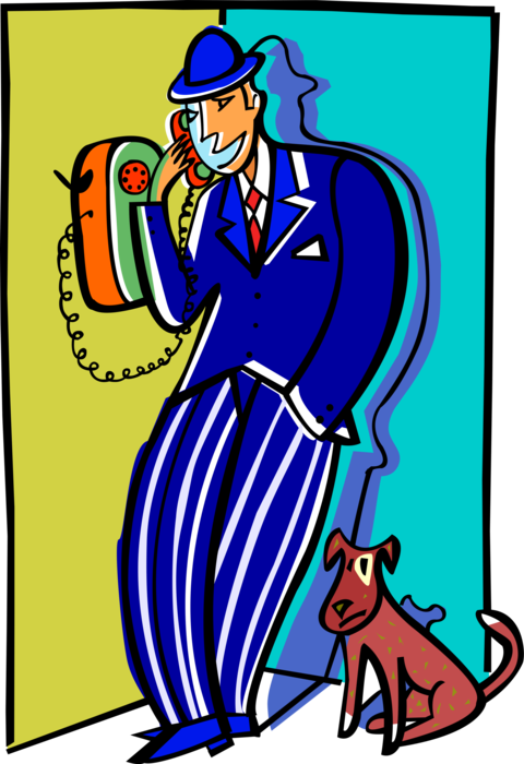 Vector Illustration of Talking on Telephone While Pet Dog Sits and Waits
