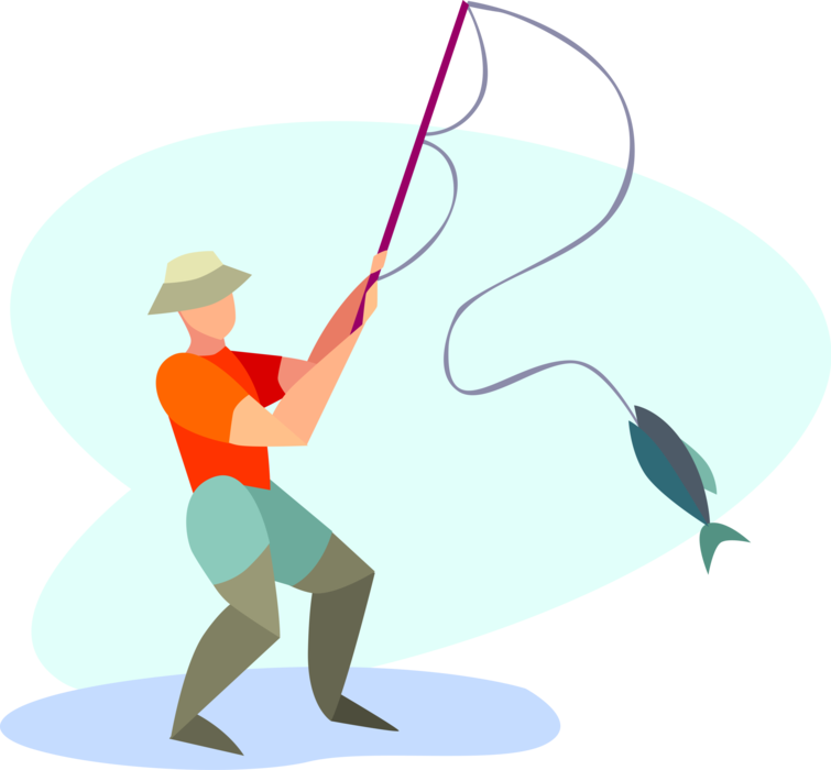 Vector Illustration of Sport Fisherman Angler Catches Fish