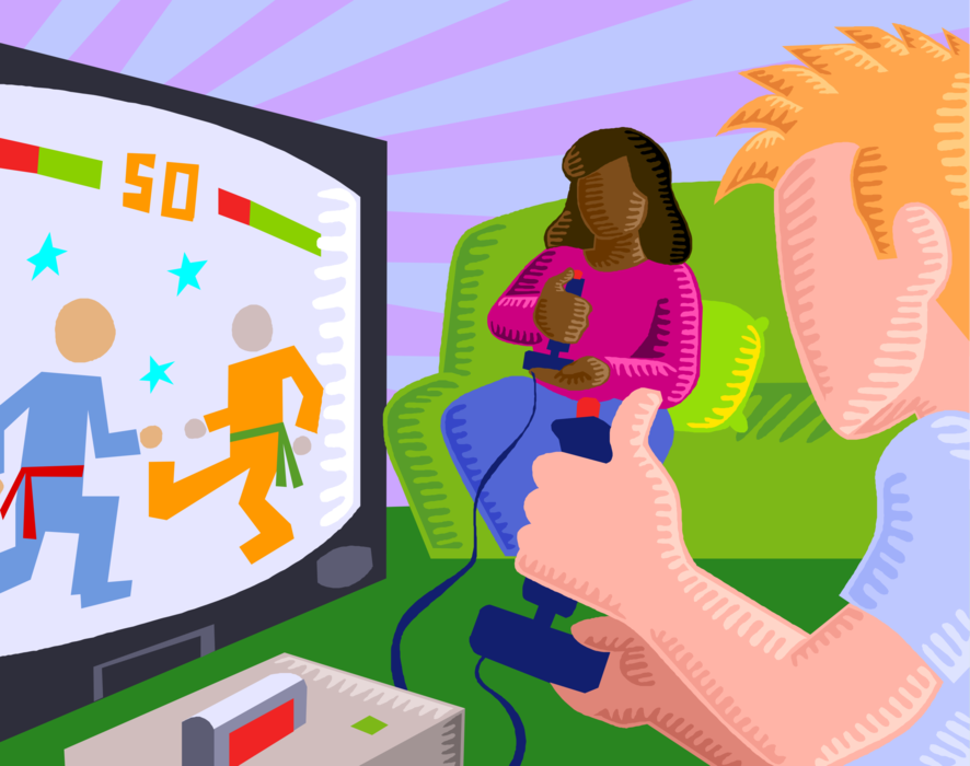 Vector Illustration of Children Play Video Game with Controllers