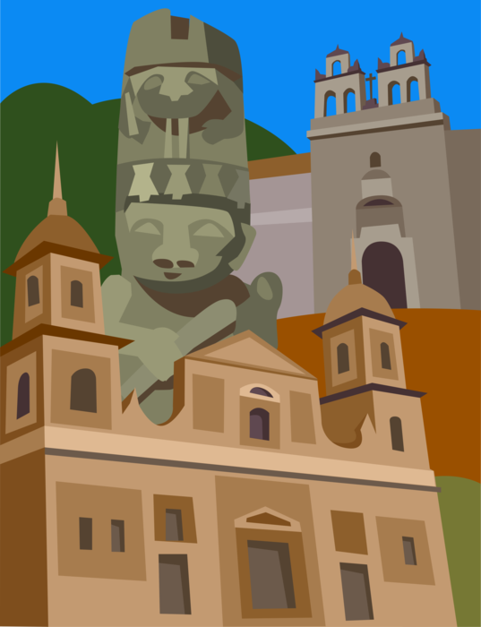 Vector Illustration of Cathedral Primada, Bogota, Colombia, with San Agustín Archaeological Park Statues
