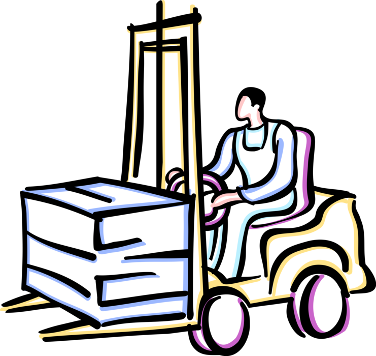 Vector Illustration of Warehouse Forklift Operator Lifting Heavy Crate