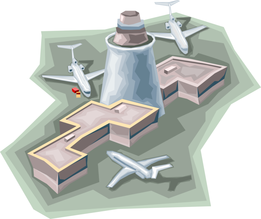 Vector Illustration of Airport Terminal Building with Commercial Jet Aircraft on the Runway Tarmac