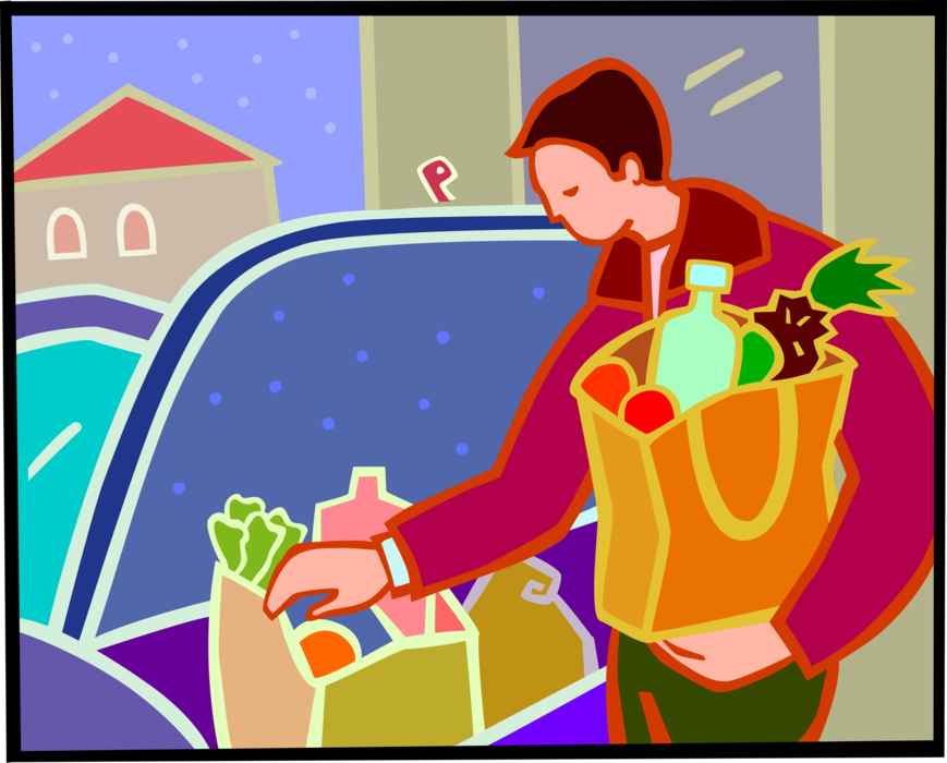 Vector Illustration of Trip to Supermarket Grocery Store Arriving Home to Unload Bags of Groceries