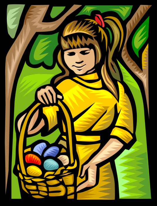 Vector Illustration of Child with Colored Easter Eggs in Easter Basket