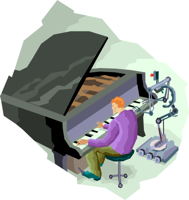 Vector Illustration of Pianist Musician Playing Piano with Robot Playing Duet