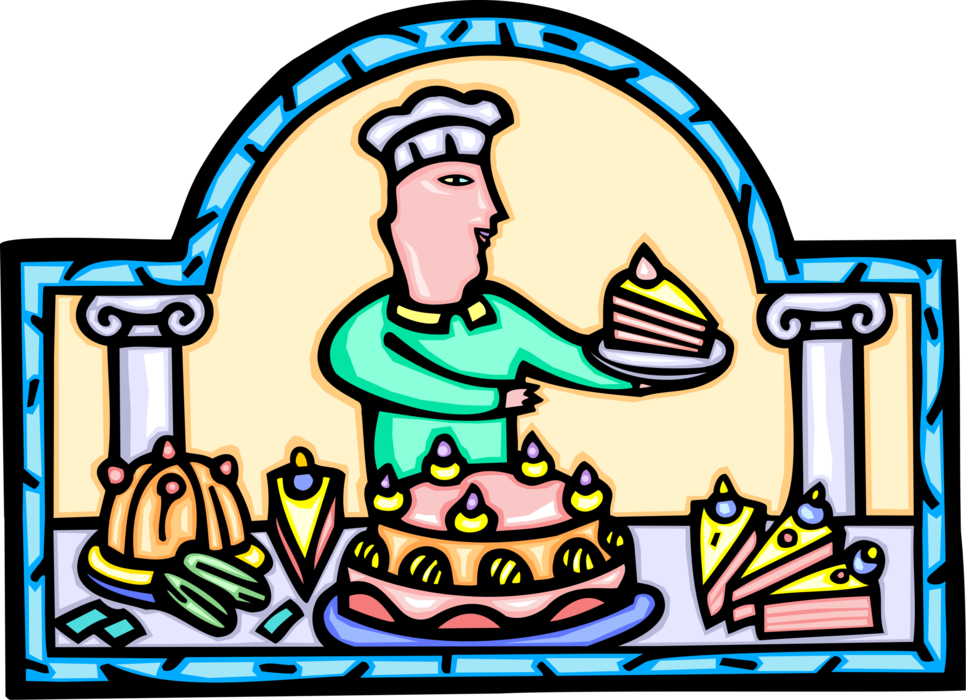 Vector Illustration of Pastry Chef in Retail Bakery Offers Fresh Baked Cakes and Pastries