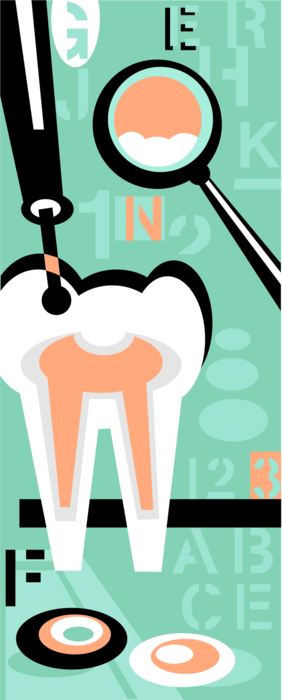 Vector Illustration of Dental Oral Hygiene with Dentist Drill and Mouth Mirror and Tooth with Cavity