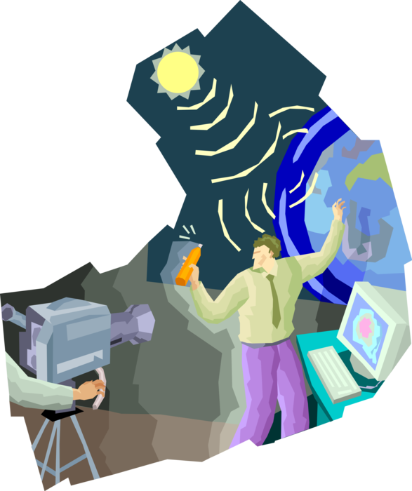 Vector Illustration of Weatherman Delivers Forecast and Predicts High UV Risk from Unprotected Sun Exposure