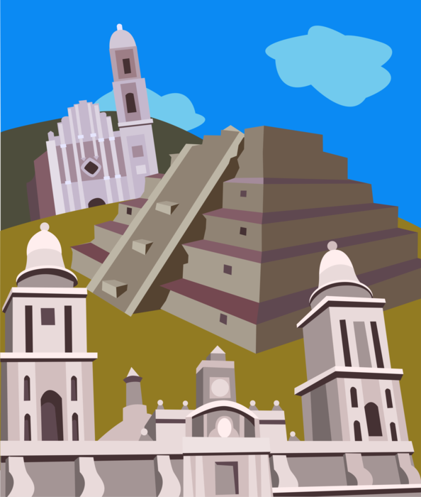 Vector Illustration of Ancient Egyptian Pyramid of the Niches, Metropolitan Cathedral of Assumption of Blessed Virgin Mary, Mexico