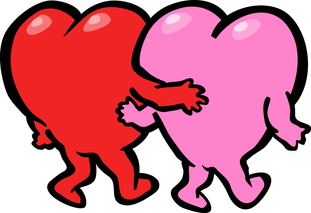 Vector Illustration of Romantic Love Hearts Walk Arm-in-Arm