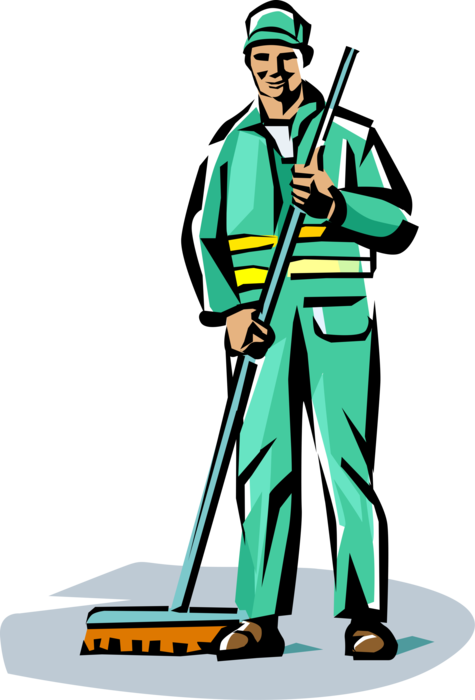 Vector Illustration of School Janitor Custodian with Broom Cleans the Floor