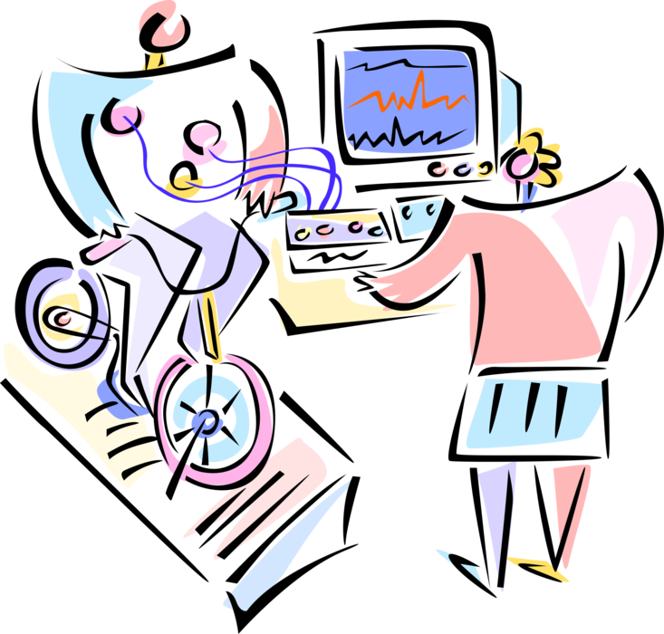 Vector Illustration of Heart Monitoring Treadmill EKG Stress Test with Patient and Doctor Physician