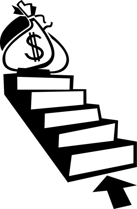 Vector Illustration of Stairway Stairs to Financial Success with Cash Money Bags and Dollar Sign