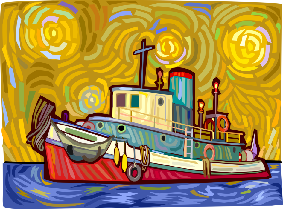 Vector Illustration of Commercial Fishing Trawler Boat Vessel on Water