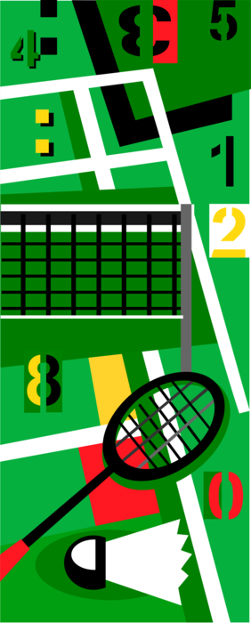 Vector Illustration of Badminton Sport Court with Racket or Racquet and Shuttlecock Birdie