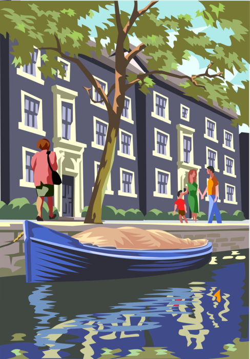 Vector Illustration of Amsterdam Canal Dutch Houses with Boat and Pedestrians, Holland, The Netherlands