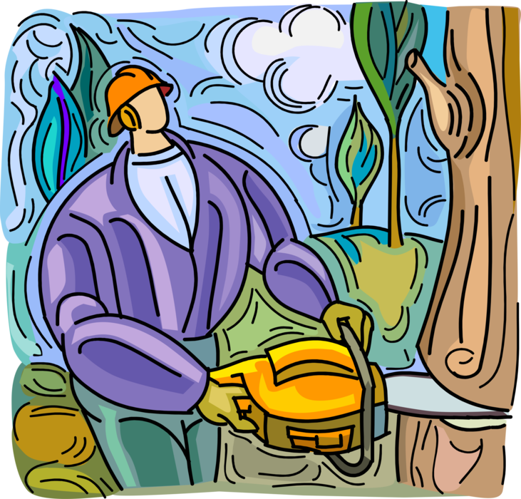 Vector Illustration of Forestry Logging and Wood Processing Industry Lumberjack Cutting Down Tree in Forest