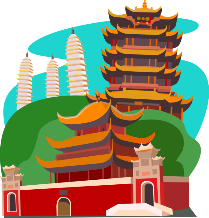 Vector Illustration of Chinese Ming Dynasties, Wuhan Yellow Crane Tower, Three Pagodas of Chongsheng Temple, China