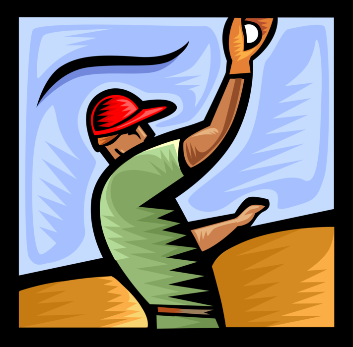 Vector Illustration of American Pastime Sport of Baseball Player Outfielder Catches Baseball During Game
