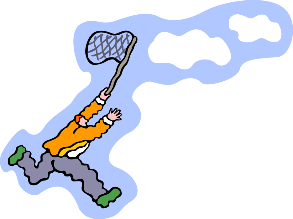 Vector Illustration of Businessman Chasing Clouds with Butterfly Net