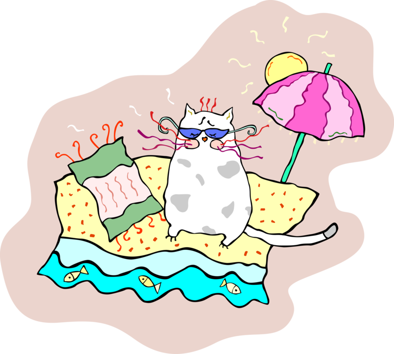 Vector Illustration of Vacation Kitten Cat Chilling on Beach Towel with Sun Shade Umbrella