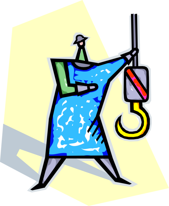 Vector Illustration of Construction Worker with Crane Lifting Hook