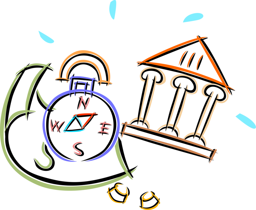 Vector Illustration of Navigation Magnetic Compass with Investment Money and Financial Institution Bank