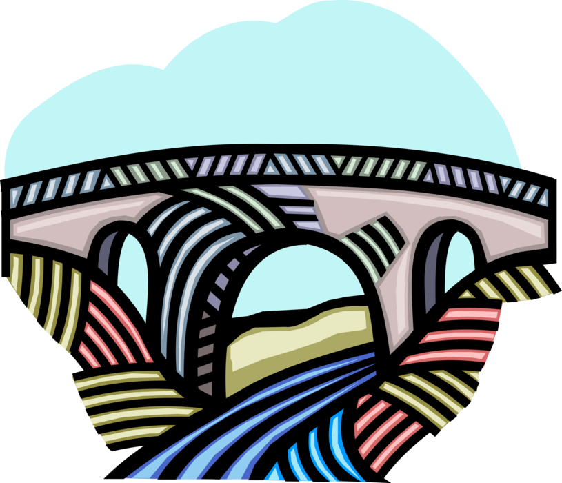 Vector Illustration of Bridge Structure Spans Valley and River Waterway