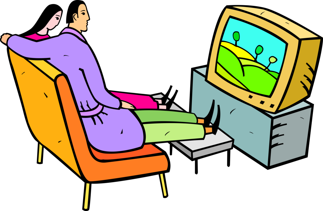 Vector Illustration of Couple Watch Television Show on TV Set