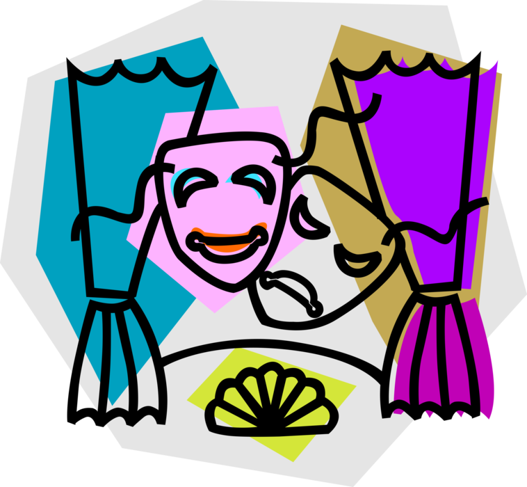 Vector Illustration of Comedy and Drama Masks with Theater or Theatre Stage Curtains