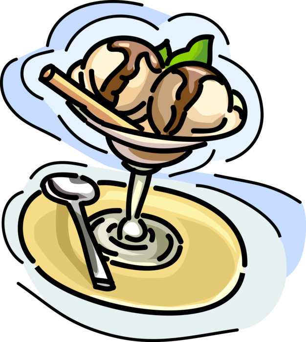 Vector Illustration of Gelato Ice Cream Dessert with Chocolate Sauce and Biscuit