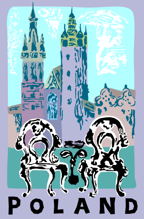Vector Illustration of Tower Spires of Mariacki Church, Krakow, Poland