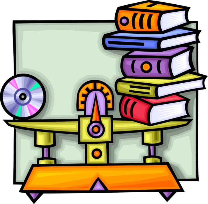 Vector Illustration of DVD Multimedia Digital Storage Disc on Scale with Stack of Textbook Books