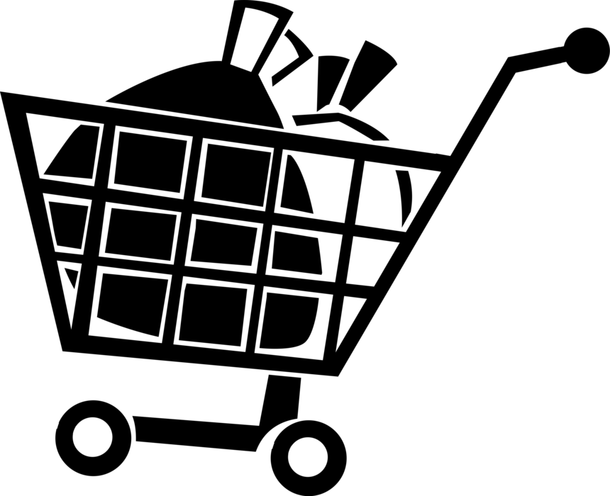 Vector Illustration of Supermarket Grocery Store Shopping Cart with Bags of Cash Money Dollars