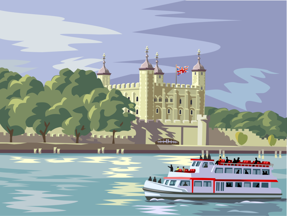 Vector Illustration of Tower of London, Historic Castle on Banks of River Thames, London, England