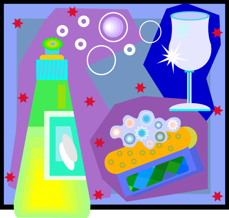 Vector Illustration of Beverage Glass with Dish Detergent Cleaner and Sponge