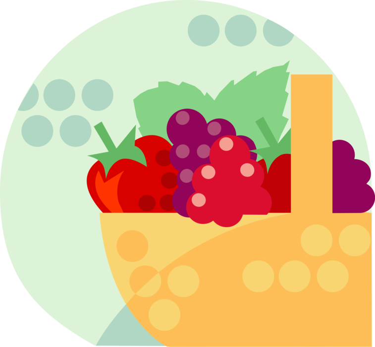 Vector Illustration of Wicker Basket of Fruit Grapes and Apples