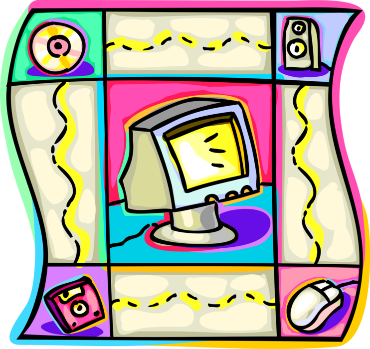 Vector Illustration of Computer Technology Monitor, Mouse, CD or DVD, and Media Storage Diskette