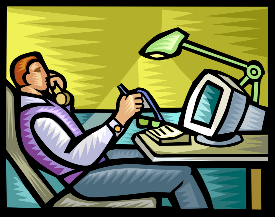 Vector Illustration of Businessman Talking on Phone at Office Desk