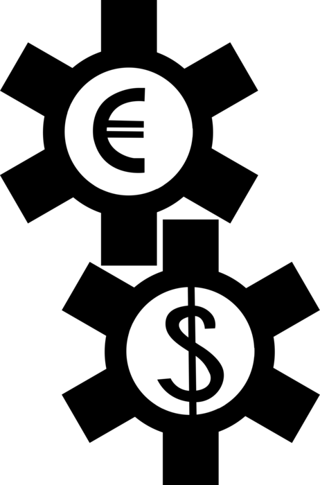 Vector Illustration of Financial Concept Cogwheel Gears with Euro and Dollar Currency Money Symbols