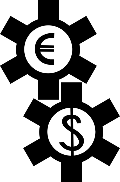 Vector Illustration of Financial Concept Cogwheel Gears with Euro and Dollar Currency Money Symbols