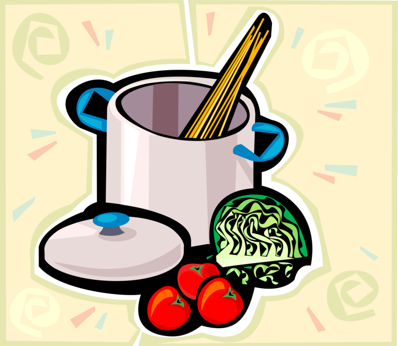 Vector Illustration of Italian Pasta Spaghetti Preparation with Cooking Pot, Tomatoes and Lettuce Salad Greens