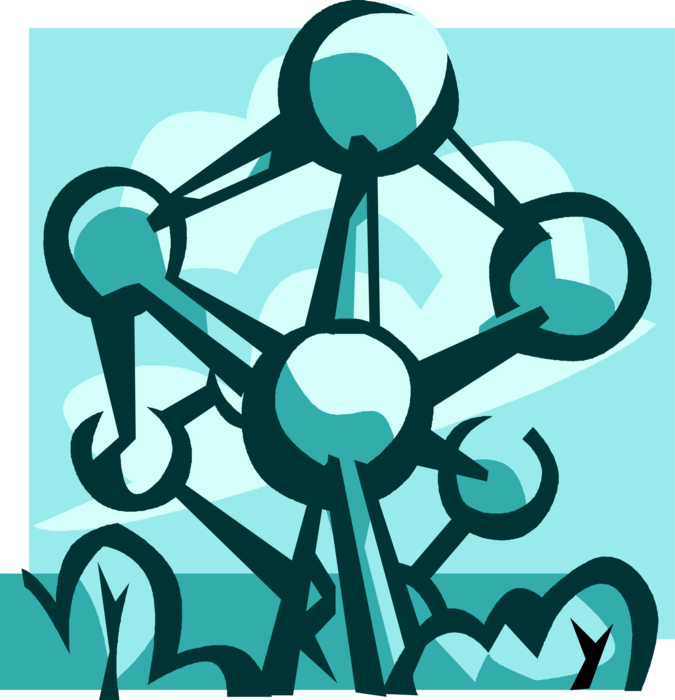Vector Illustration of Atomium Building Constructed for Expo 58 1958 Brussels World's Fair, Iron Crystal with 9 Atoms