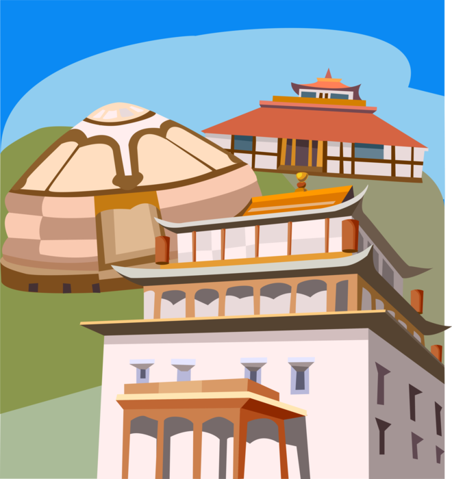 Vector Illustration of Temple of Boddhisattva Avalokiteshvara with Traditional Yurt, Mongolia