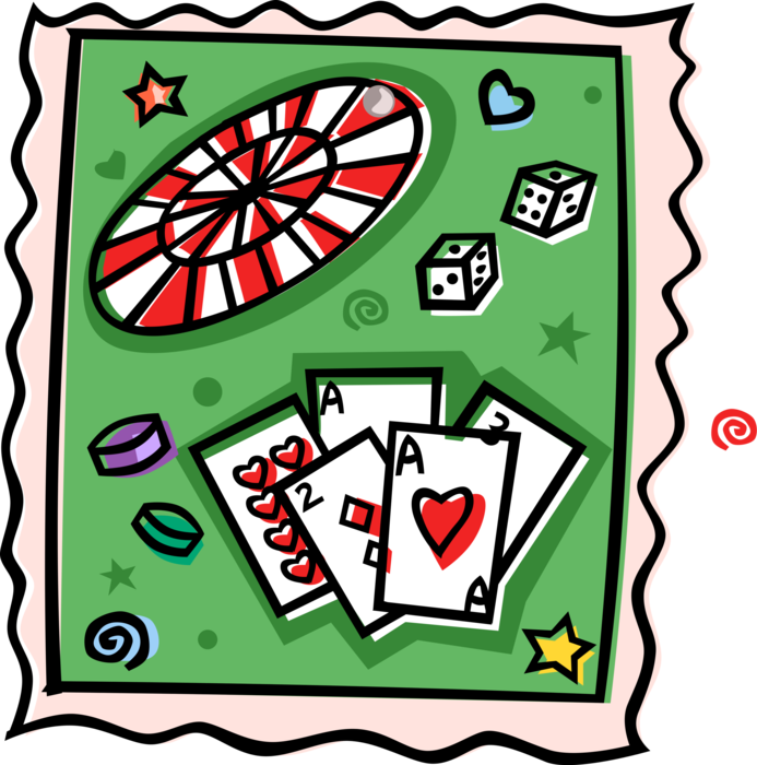Vector Illustration of Casino Gambling Games of Chance Roulette Wheel with Dice and Playing Cards
