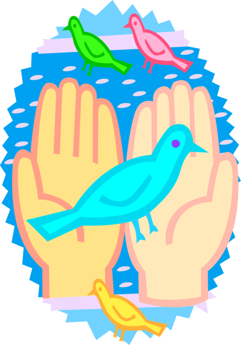 Vector Illustration of Hands Holding Birds in Natural Environment
