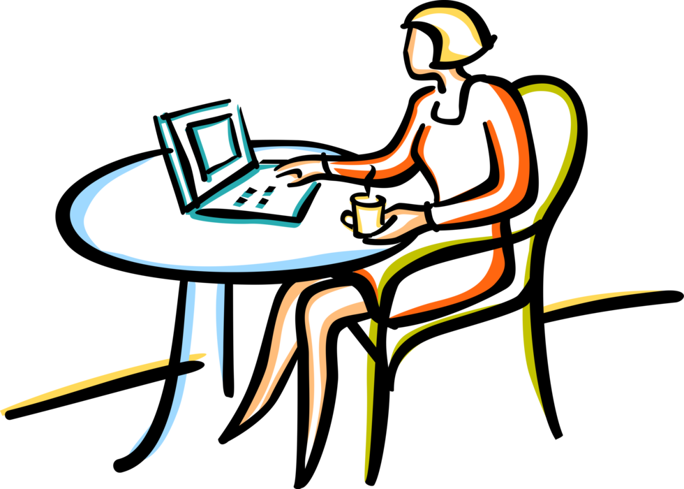 Vector Illustration of Morning Cup of Coffee Working at Computer