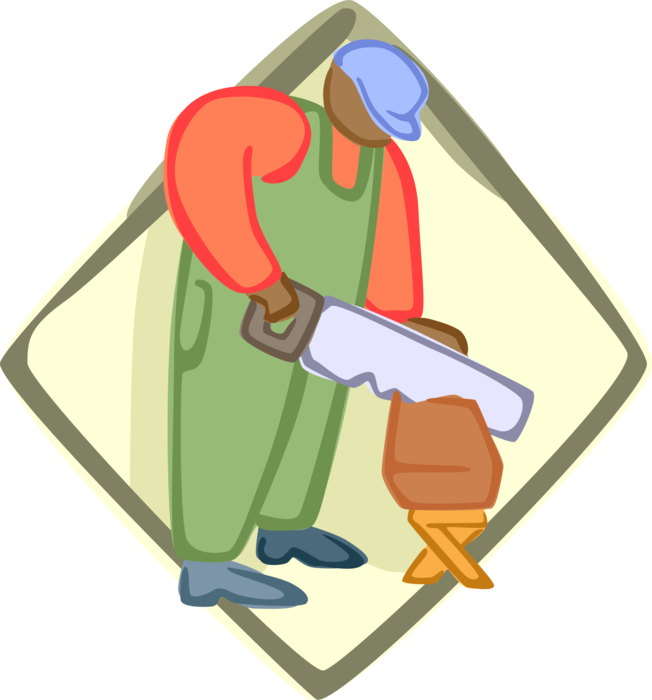 Vector Illustration of Handy Home Do-It-Yourself Carpenter Cuts Wood with Hand Saw