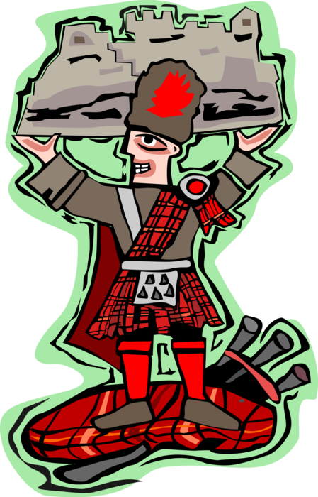 Vector Illustration of Scottish Highlander Holds Up Castle Ruins in Scotland